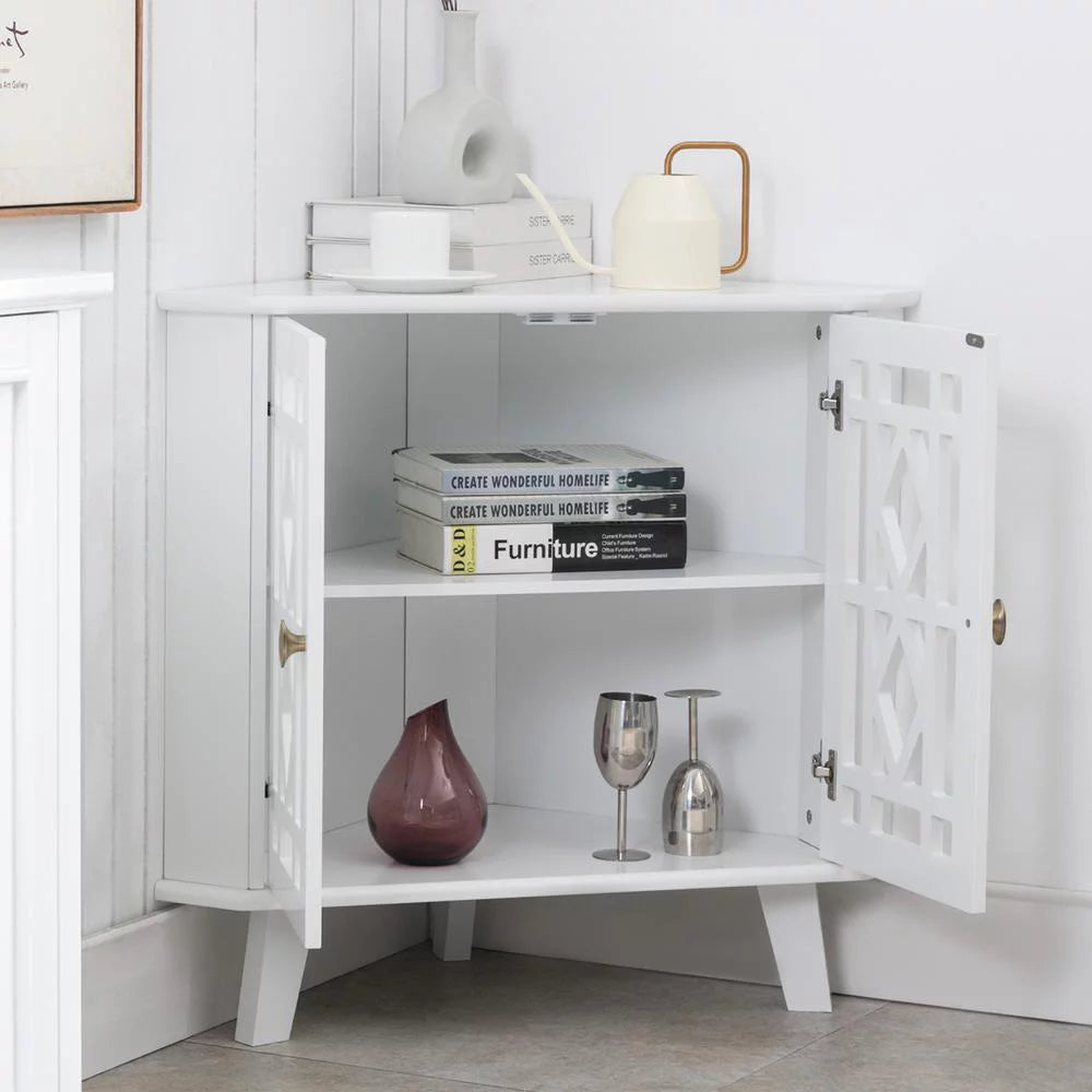 White 32" Corner Storage Cabinet with 2 Doors and 2-Tier Shelves H6491