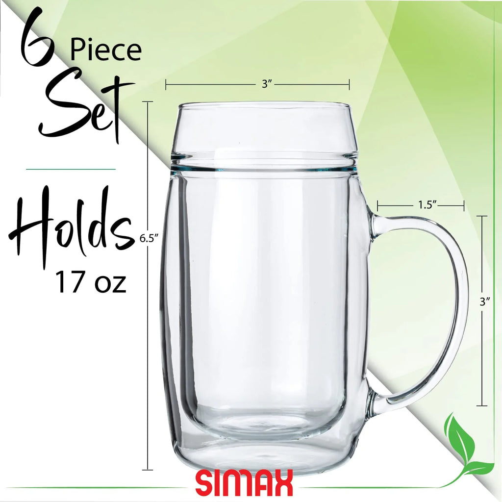 17 oz Double Walled Glass Beer Mugs with Handles (6) U539