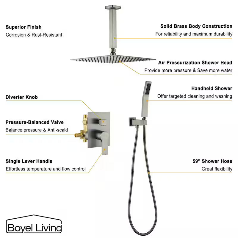 12 in. Ceiling Mount Dual Shower Heads with Pressure Balance Valve in Brushed Nickel B873628