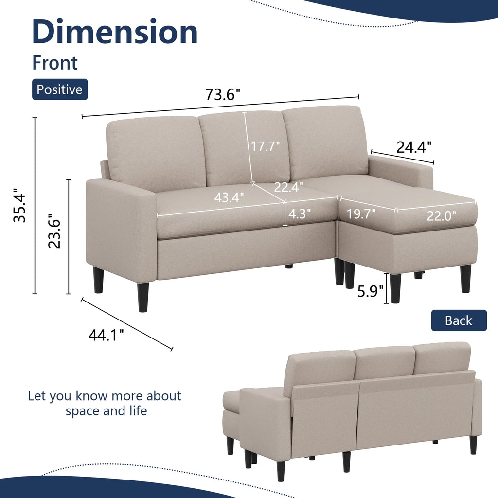 Convertible Sectional Sofa L-Shaped 3-Seat Couch with Reversible Chaise O65690