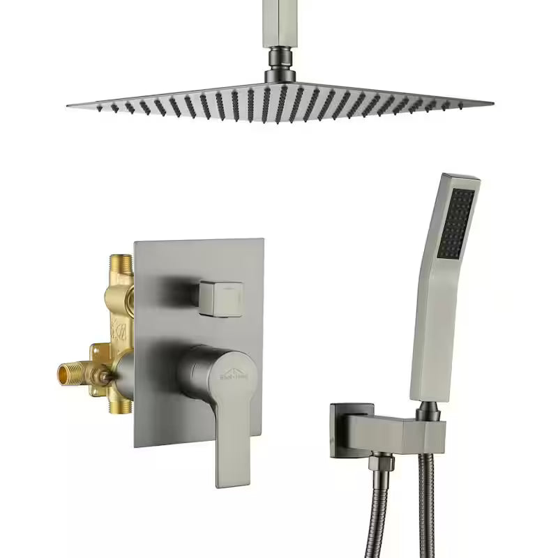 12 in. Ceiling Mount Dual Shower Heads with Pressure Balance Valve in Brushed Nickel B873628