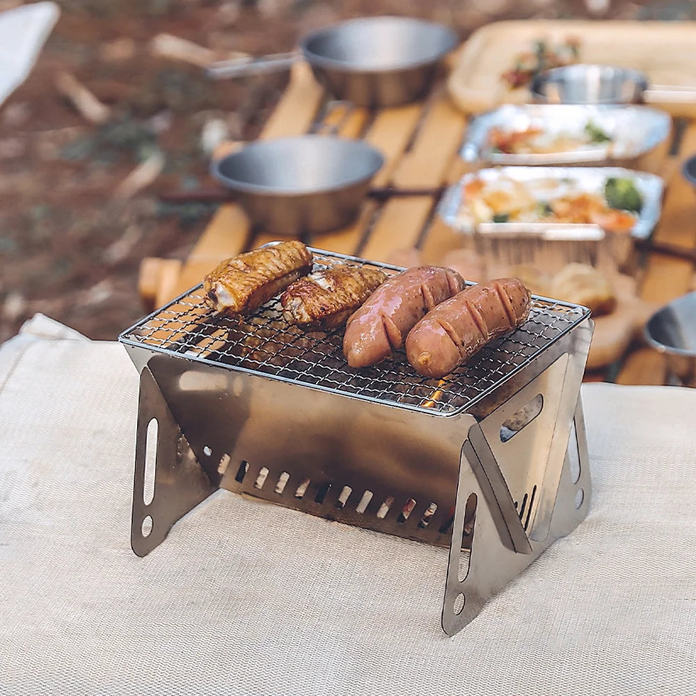 Portable Folding Stainless Steel Camping Wood Burning Stove with Grill Plate D5560
