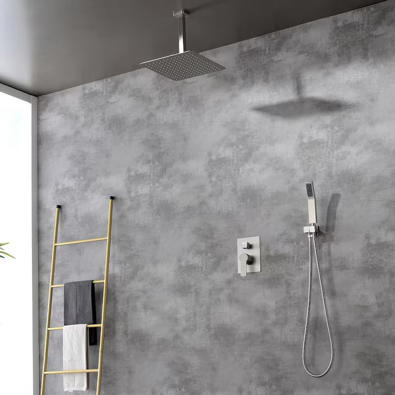 12 in. Ceiling Mount Dual Shower Heads with Pressure Balance Valve in Brushed Nickel B873628