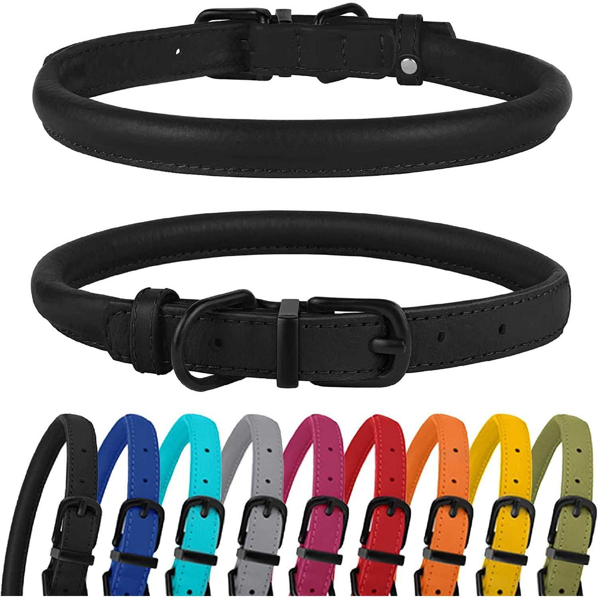 Rolled Leather Dog Collar with QR ID Dog Tag K658878