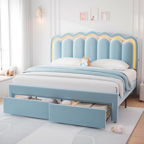 Beige Velvet Twin Upholstered Platform Bed with Storage Drawer I731112