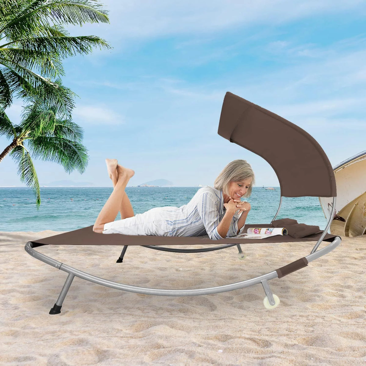 Double Chaise Lounge Bed with Canopy, Headrest Pillow and Wheels O454