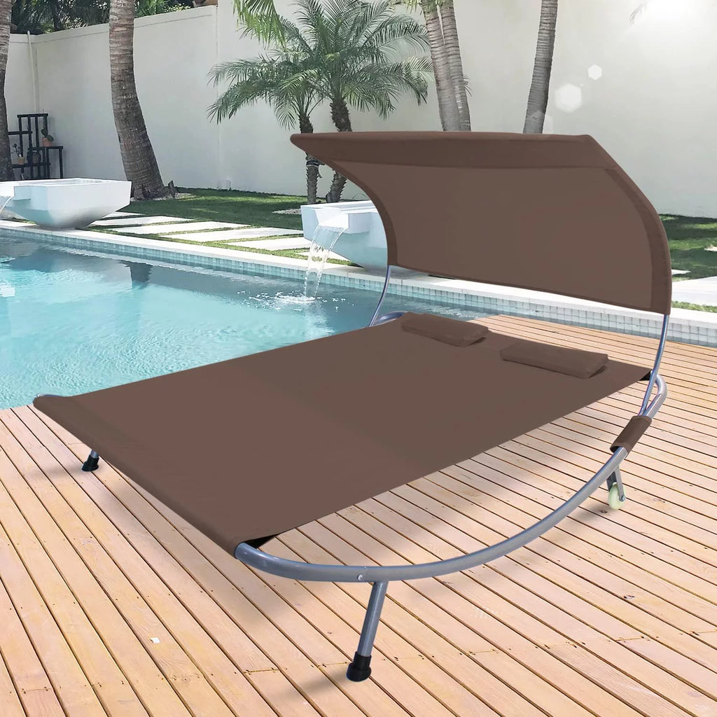 Double Chaise Lounge Bed with Canopy, Headrest Pillow and Wheels O454