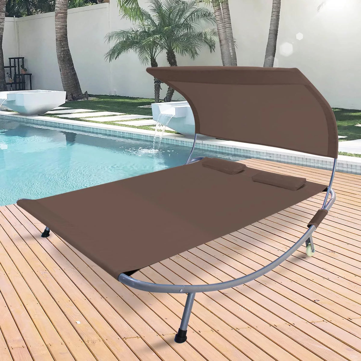 Double Chaise Lounge Bed with Canopy, Headrest Pillow and Wheels O454
