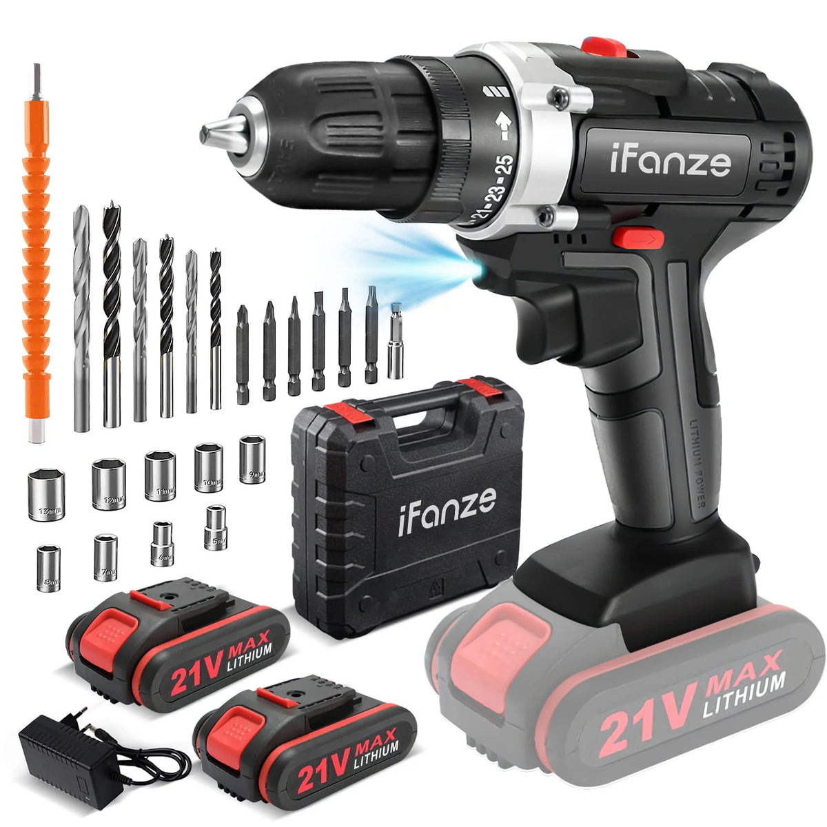 21V Cordless 3/8 inch Power Drill Driver Set with 2 Batteries X474856