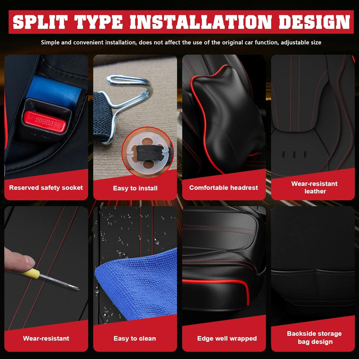 5PCS H7 Front and Back Car Seat Covers with Water Proof Nappa Leather (Full Set, Black&Red line) L7203