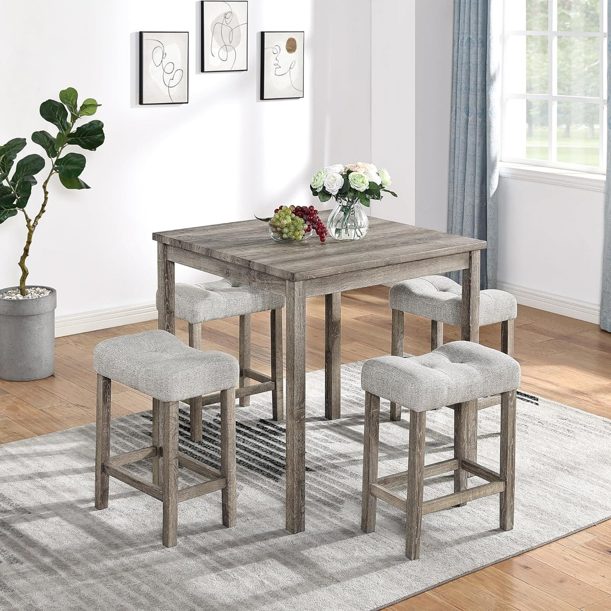5 Piece Solid Wood Dining Table Set with 4 Upholstered Stools Q193