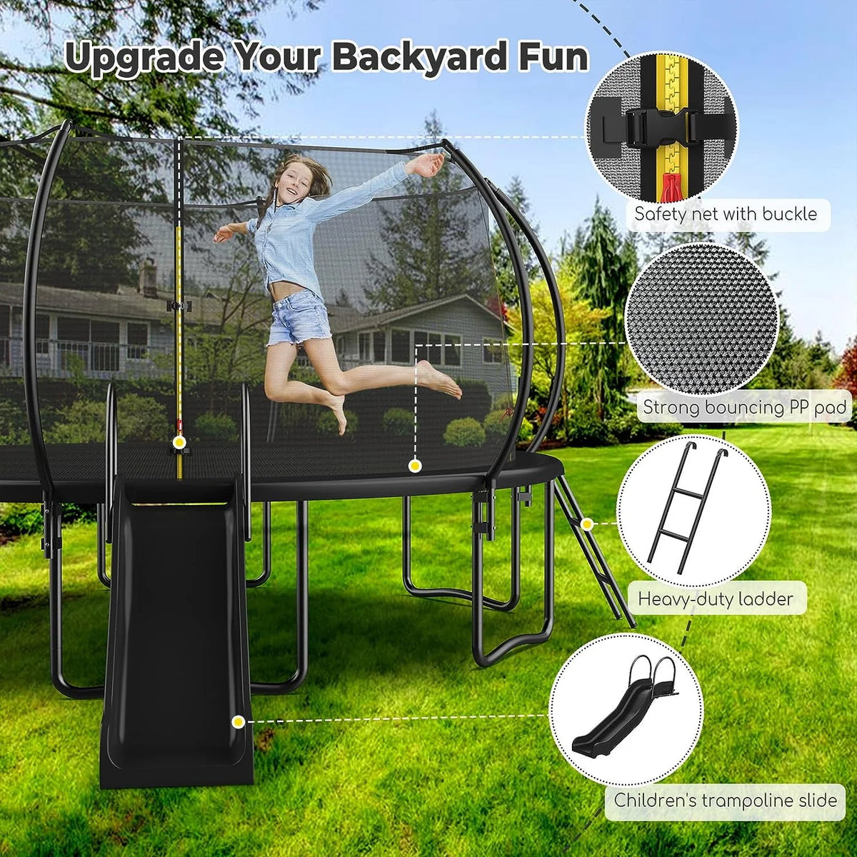 12 14 16FT Trampoline with Slide, Enclosure Net and Ladder P84042