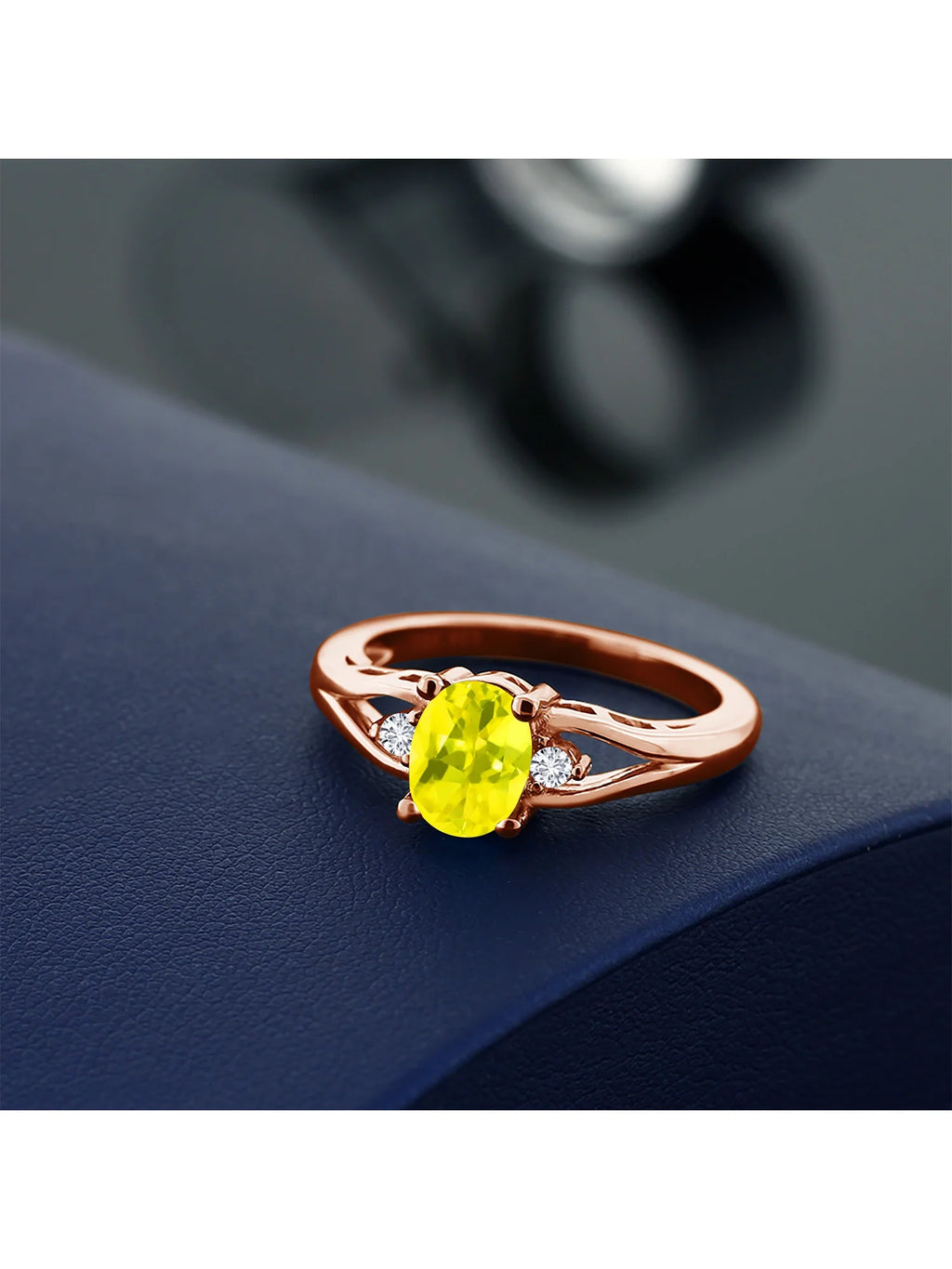 18K Rose Gold Plated Silver Canary Mystic Topaz and White Lab Grown Diamond 3 Stone Engagement Ring U3567