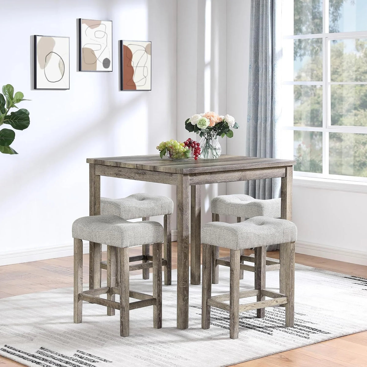 5 Piece Solid Wood Dining Table Set with 4 Upholstered Stools Q193
