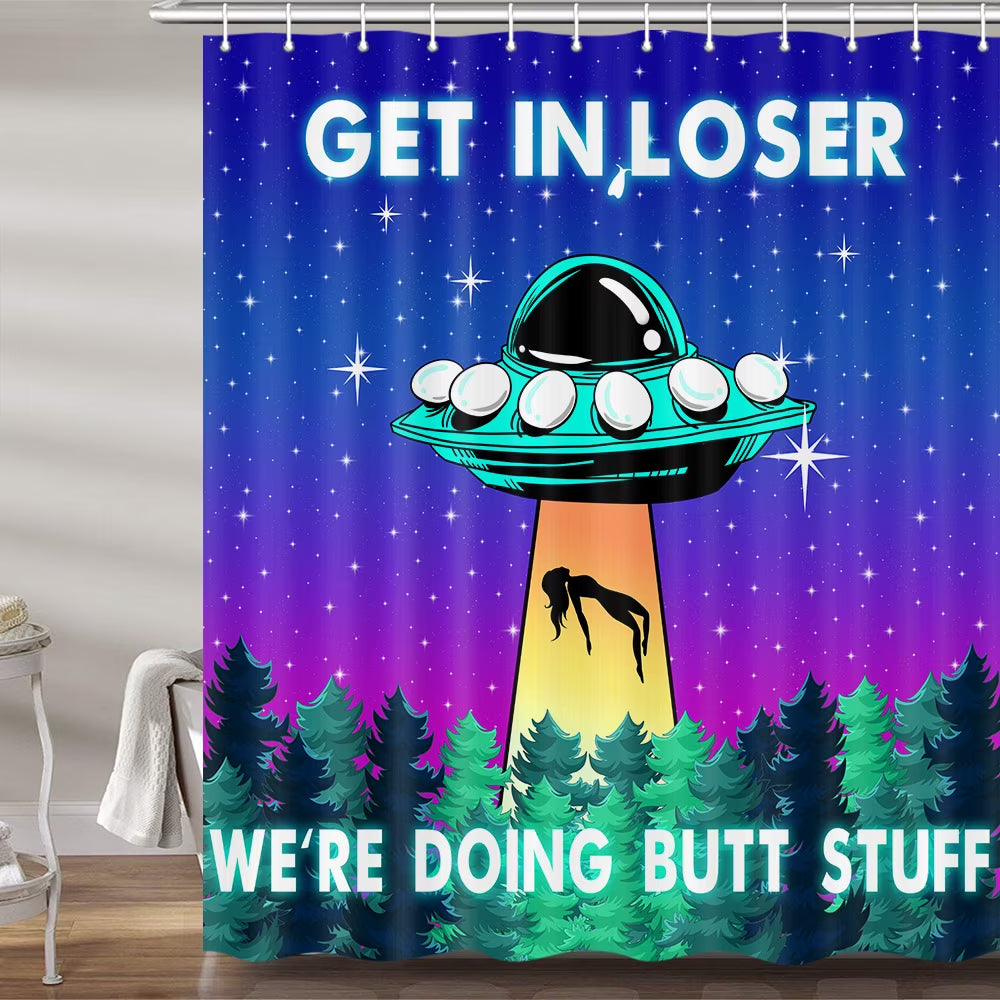 UFO Blue Purple Space Fabric Shower Curtain Set with Hooks 72X72 Inch D26358