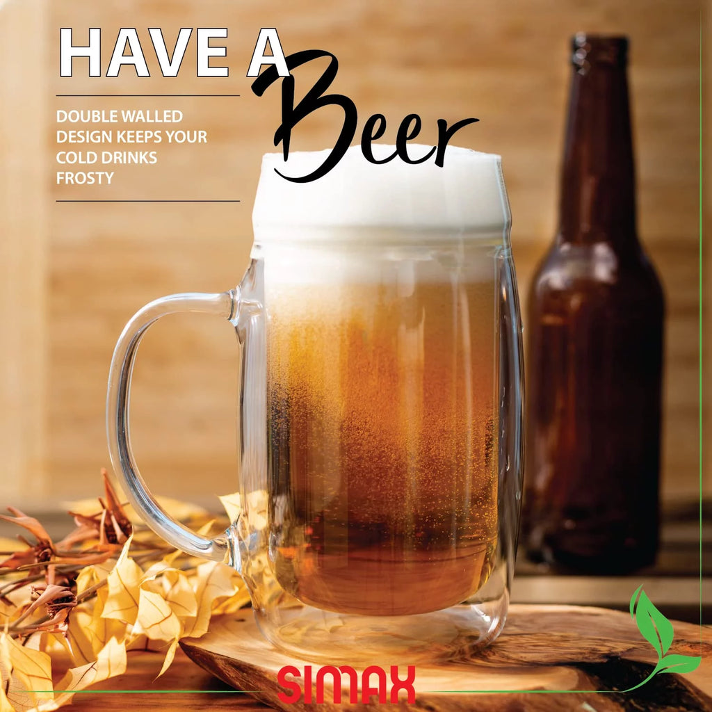 17 oz Double Walled Glass Beer Mugs with Handles (6) U539