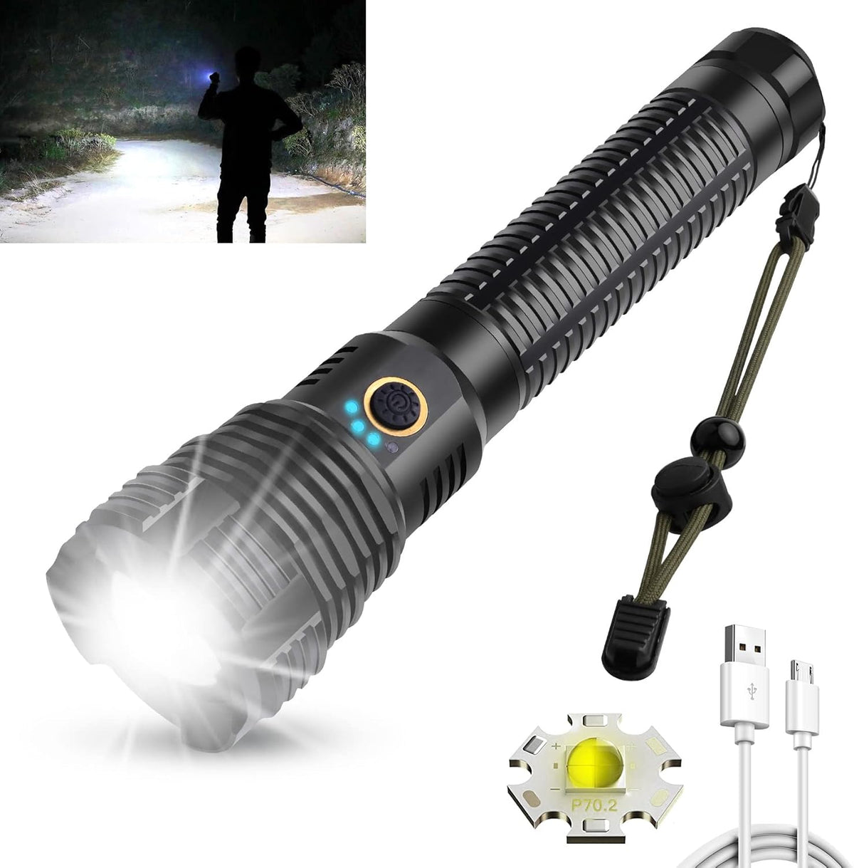 XHP70 LED Flashlight, 90000 Lumens, IP68 Waterproof, Zoomable Q5476