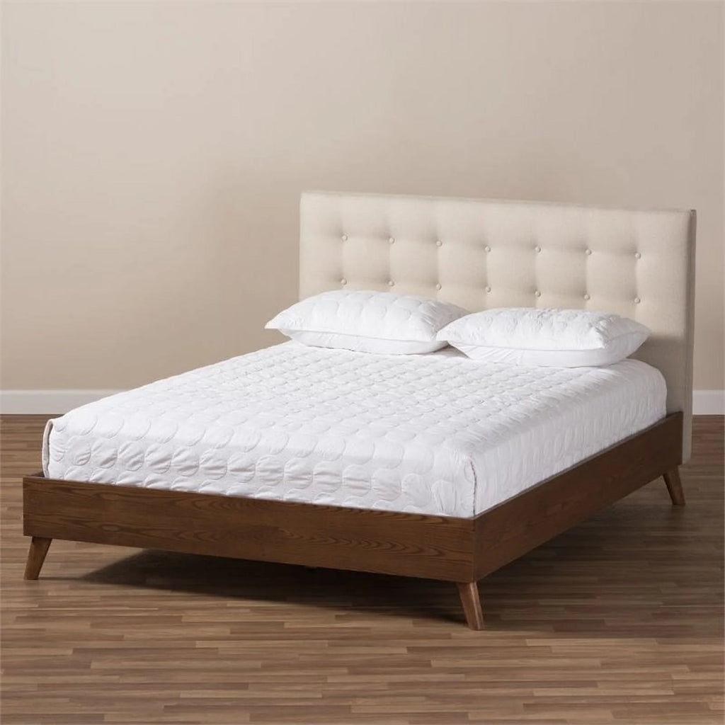 Mid-Century Wood Tufted Platform Bed, King, Beige/Brown C54212